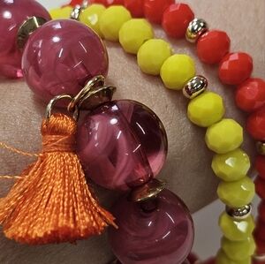 Red & Yellow Glass Bead And Pink Plastic Marbled Beaded & Tassle Bracelet Set